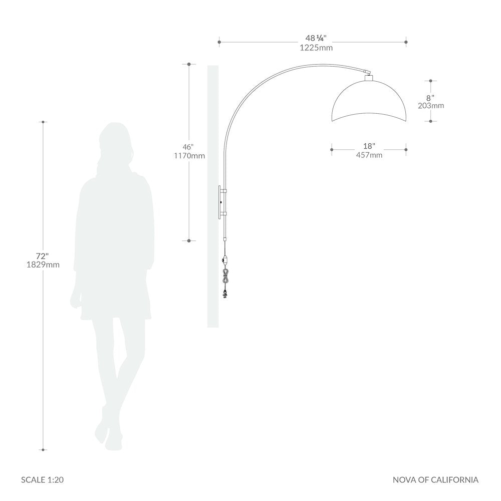 Wall Mounted Arc Lamp, Luna Bella Matte Black/Silver Shade, Satin Nickel