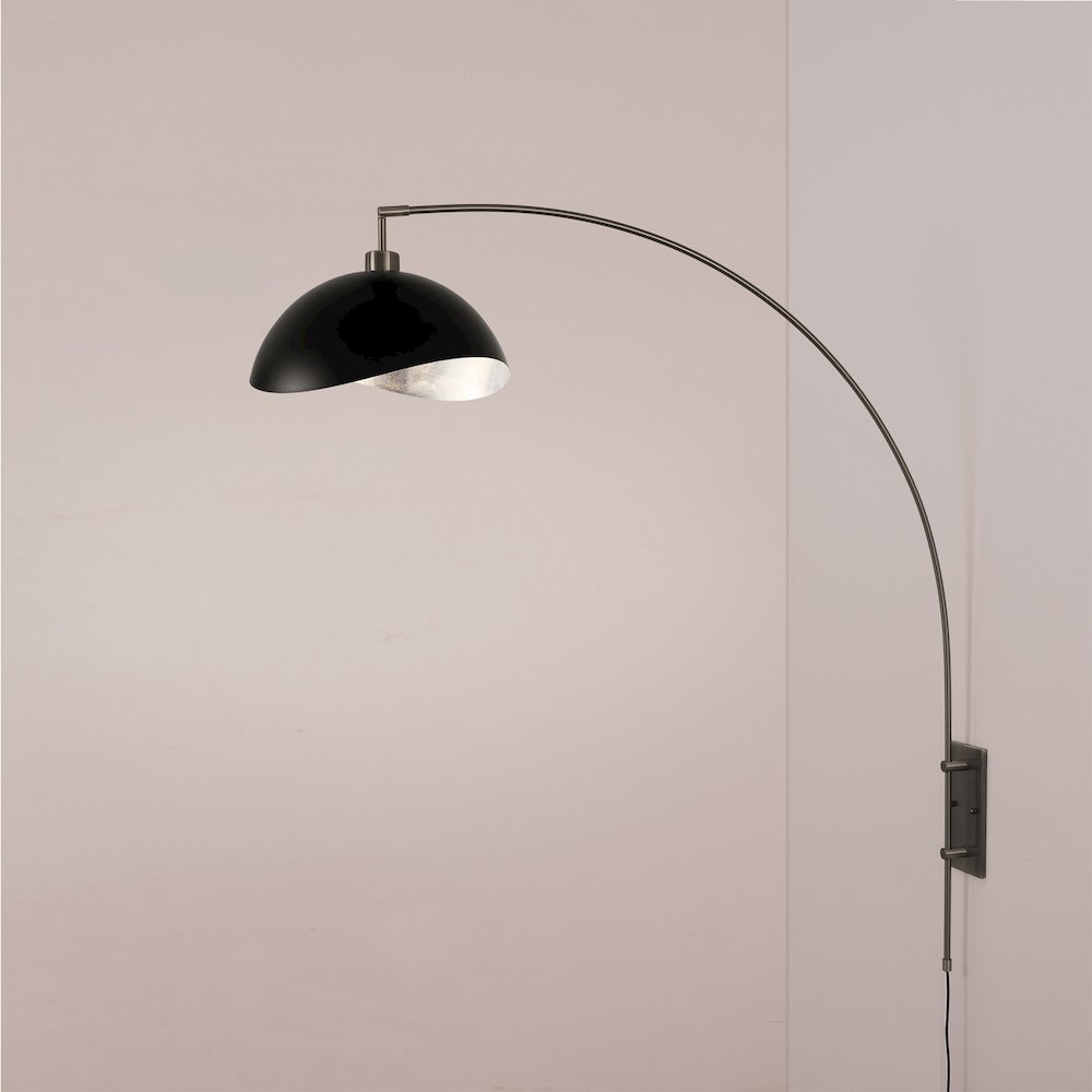 Wall Mounted Arc Lamp, Luna Bella Matte Black/Silver Shade, Black Nickel