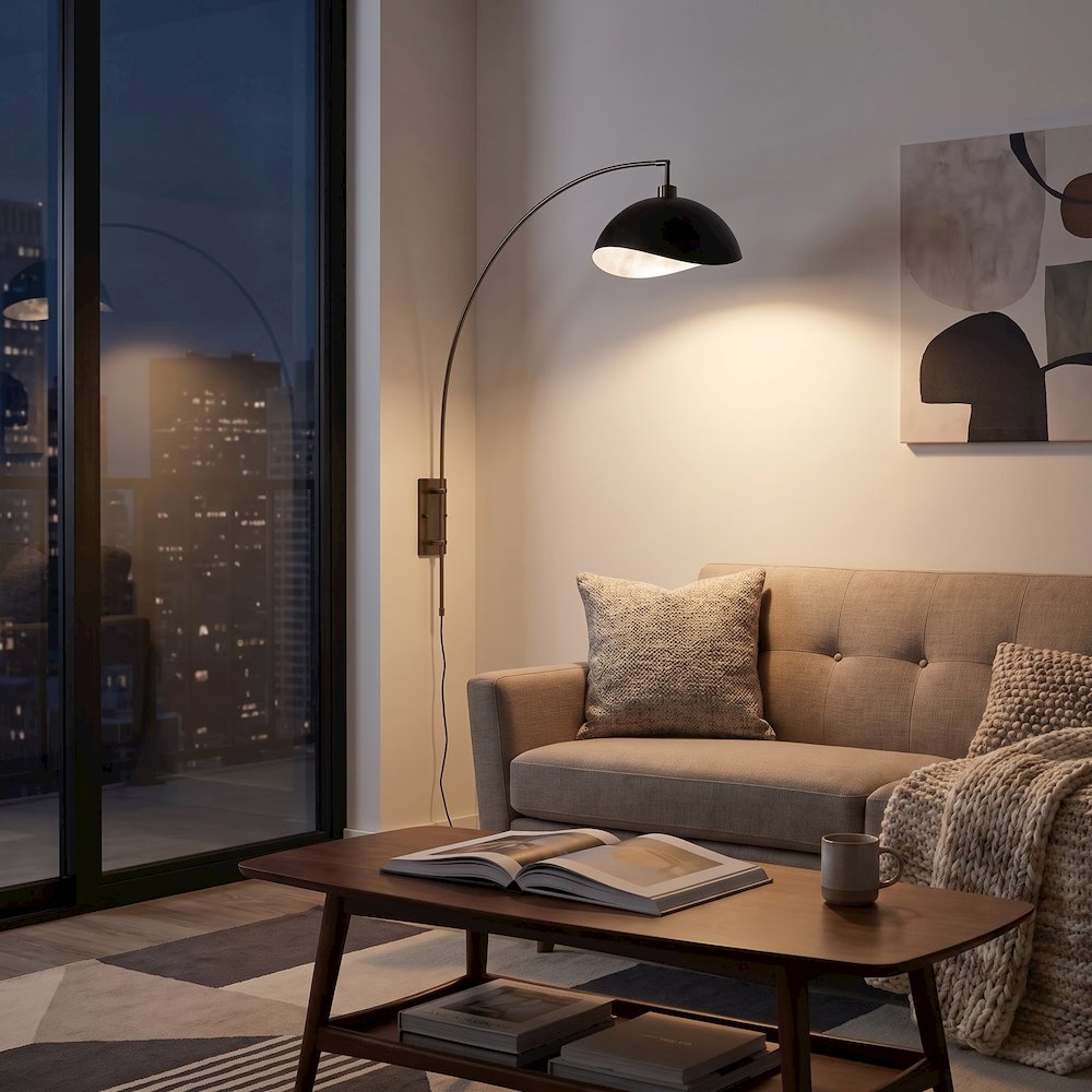 Wall Mounted Arc Lamp, Luna Bella Matte Black/Silver Shade, Black Nickel