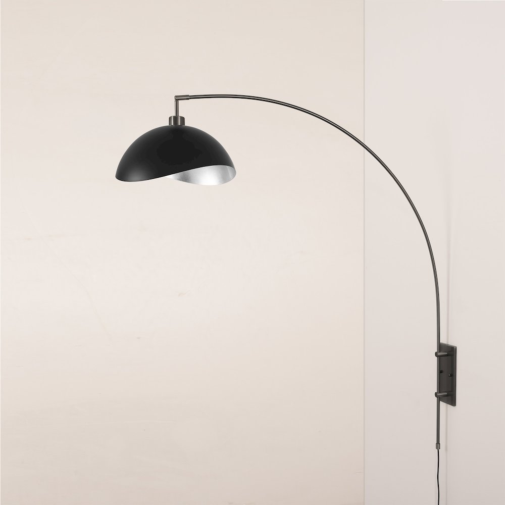 Wall Mounted Arc Lamp, Luna Bella Matte Black/Silver Shade, Black Nickel