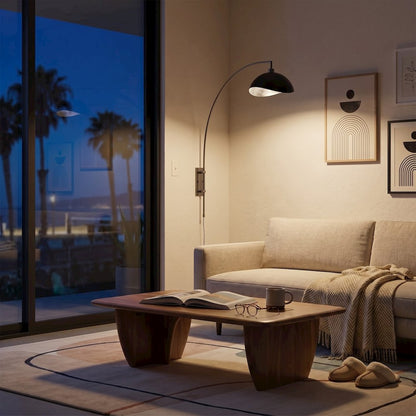 Wall Mounted Arc Lamp, Luna Bella Matte Black/Silver Shade, Black Nickel