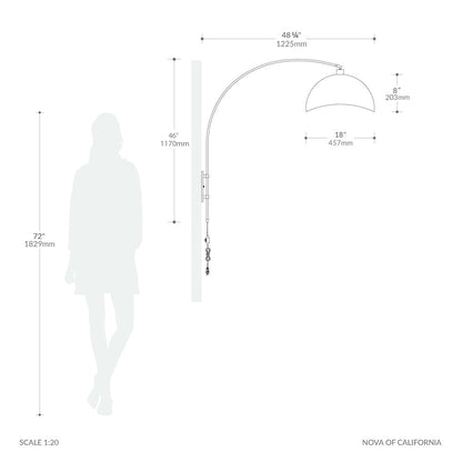 Wall Mounted Arc Lamp, Luna Bella Matte Black/Silver Shade, Black Nickel