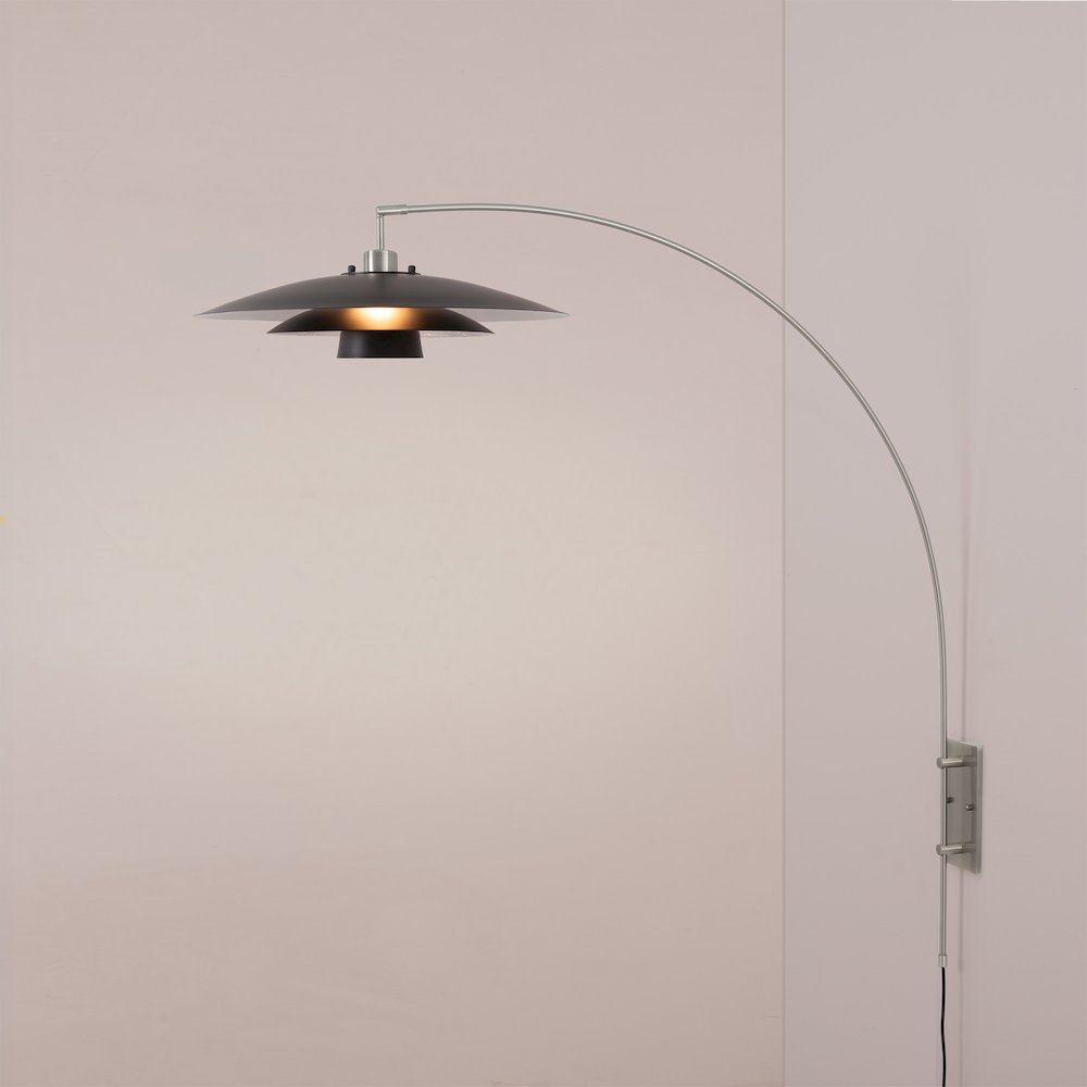Wall Mounted Arc Lamp, Satin Nickel, Rancho Mirage Matte Black/Silver Shade