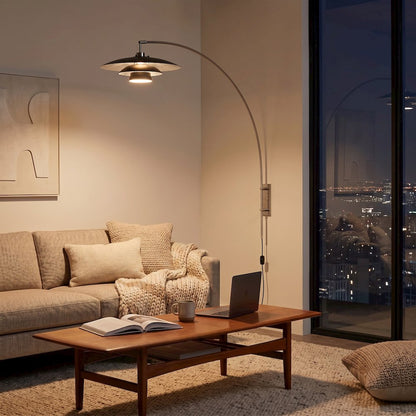 Wall Mounted Arc Lamp, Satin Nickel, Rancho Mirage Matte Black/Silver Shade