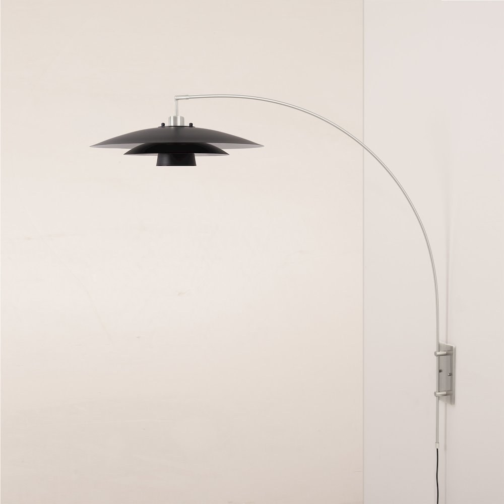 Wall Mounted Arc Lamp, Satin Nickel, Rancho Mirage Matte Black/Silver Shade