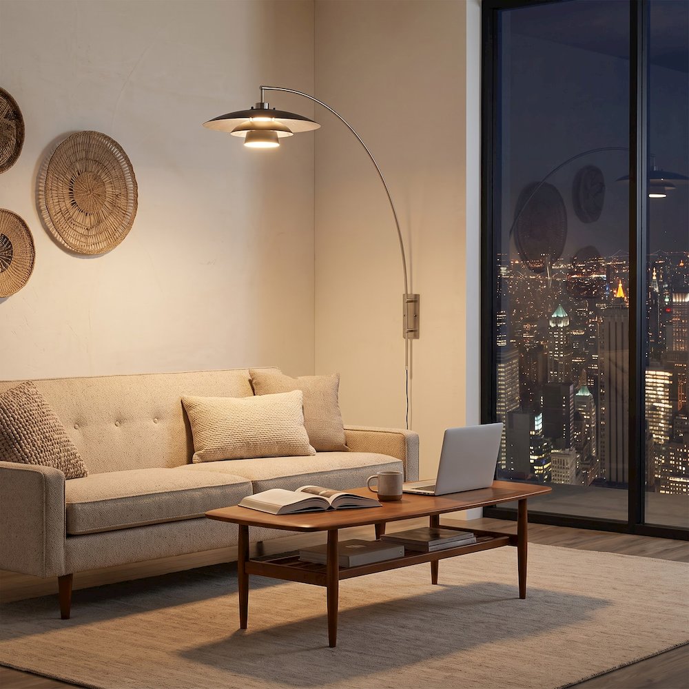 Wall Mounted Arc Lamp, Satin Nickel, Rancho Mirage Matte Black/Silver Shade