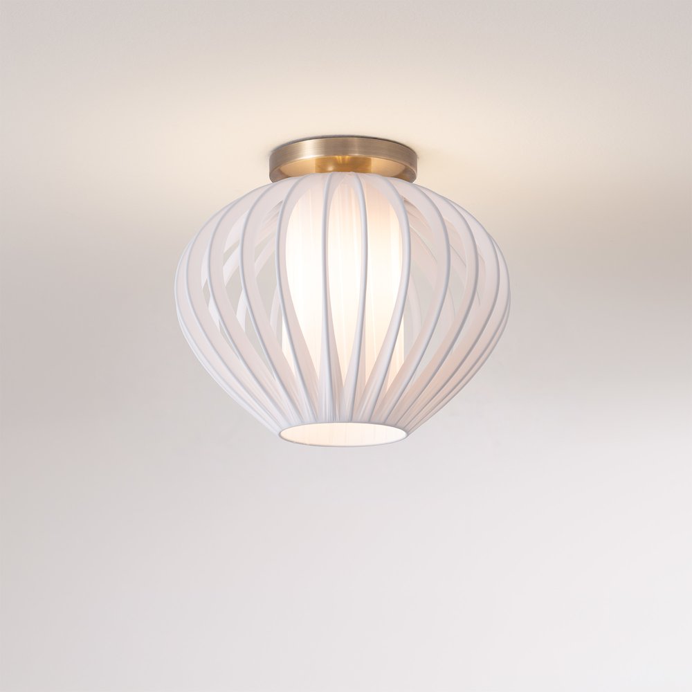 Bloom Flush Mount, White Satin Shade, Weathered Brass