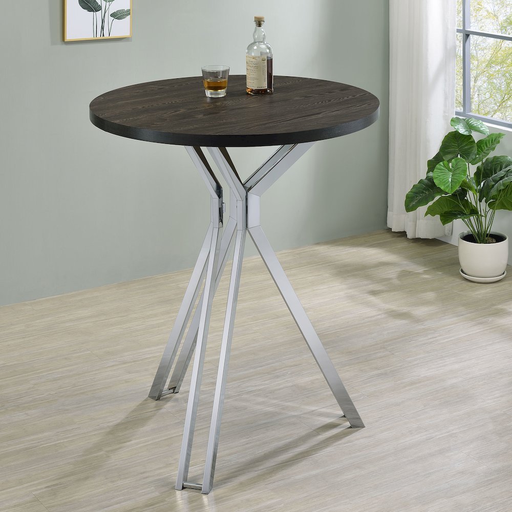 Dark Oak and Chrome Round Wood Top Bar Table