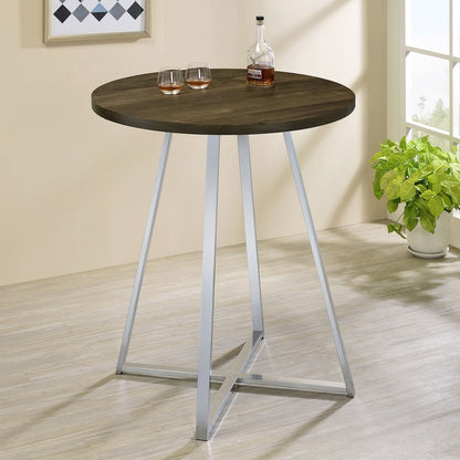 Brown Oak and Chrome Sled Base Round Bar Table