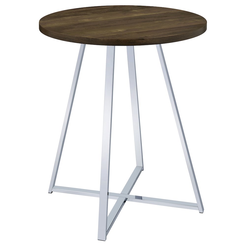 Brown Oak and Chrome Sled Base Round Bar Table