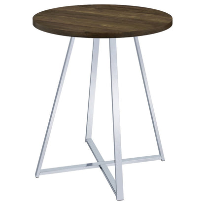 Brown Oak and Chrome Sled Base Round Bar Table
