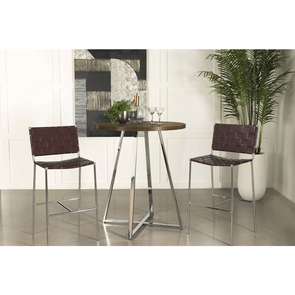 Brown Oak and Chrome Sled Base Round Bar Table