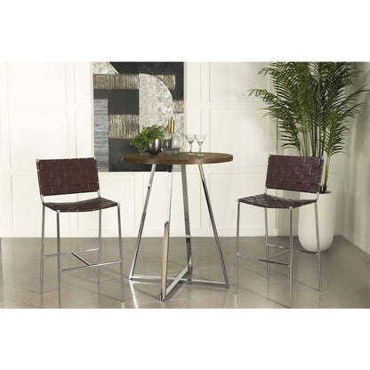 Brown Oak and Chrome Sled Base Round Bar Table