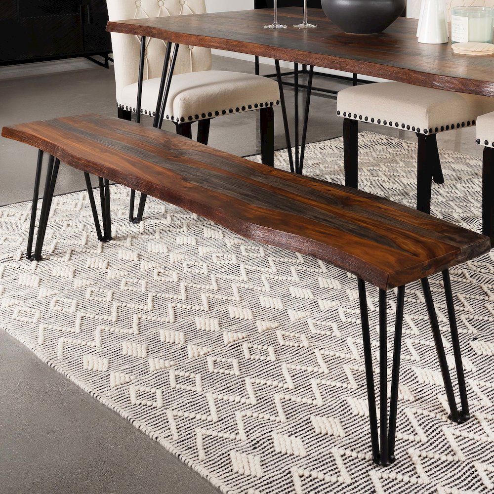 Sheesham Grey and Gunmetal Rectangular Hairpin-Leg Dining Bench