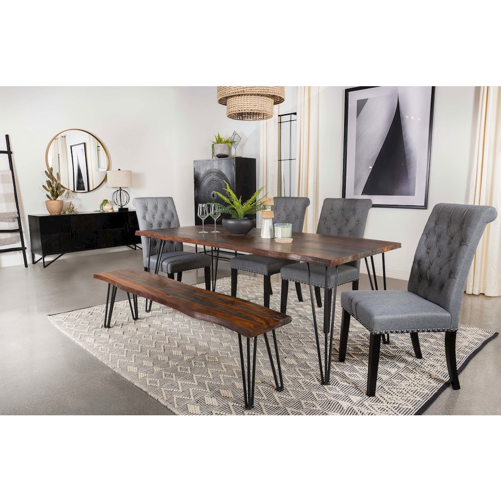 Sheesham Grey and Gunmetal Rectangular Hairpin-Leg Dining Bench