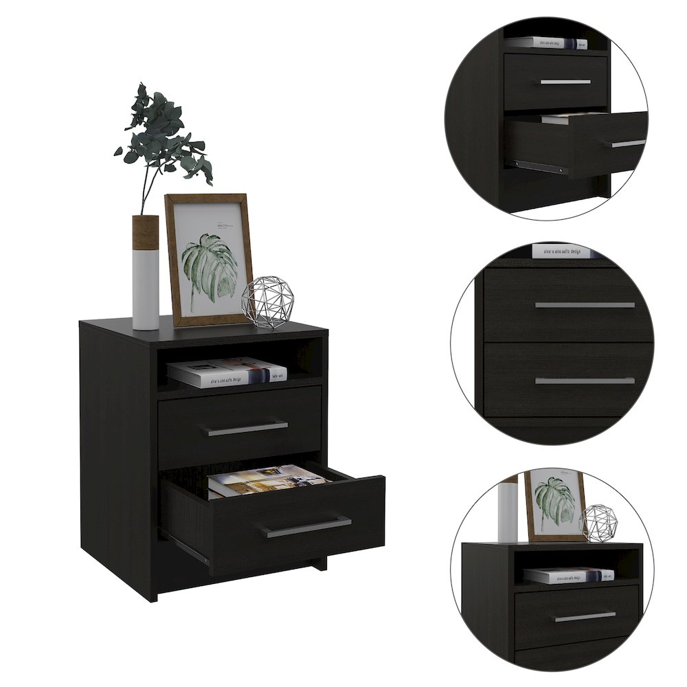 2-Drawer 1-Shelf Rectangle Nightstand Black Wengue