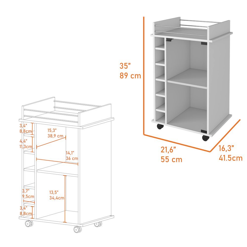 6-Bottle 3-Shelf Bar Cart White