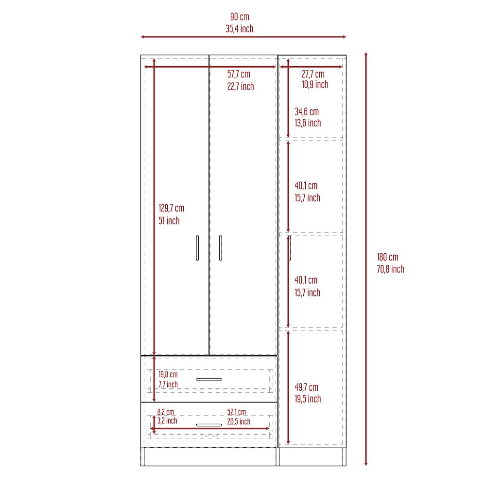 2-Drawer 3-Door Armoire Light Gray