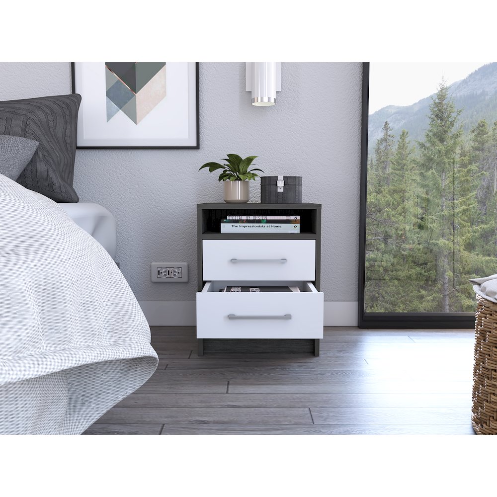 2-Drawer 1-Shelf Rectangle Nightstand Smokey Oak and White