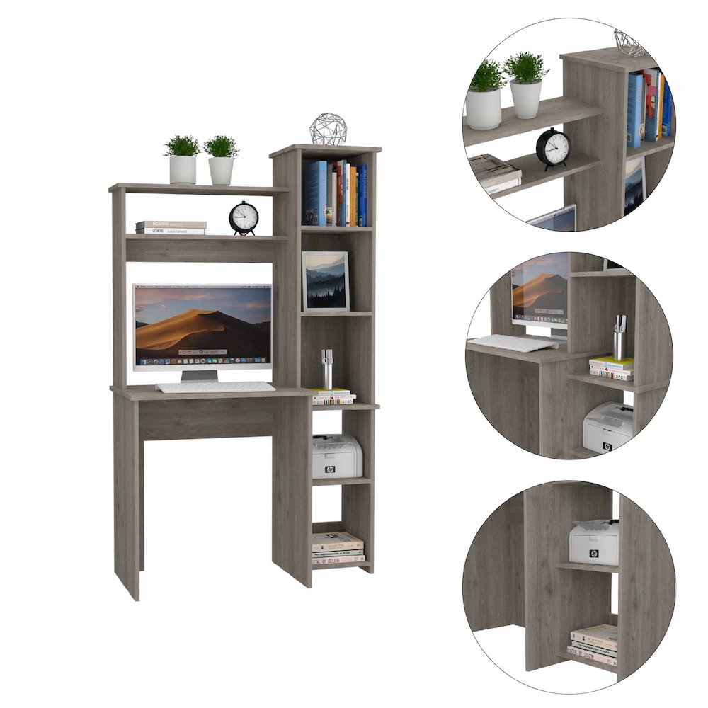 6-Shelf Writing Desk with Built-in Bookcase Light Grey