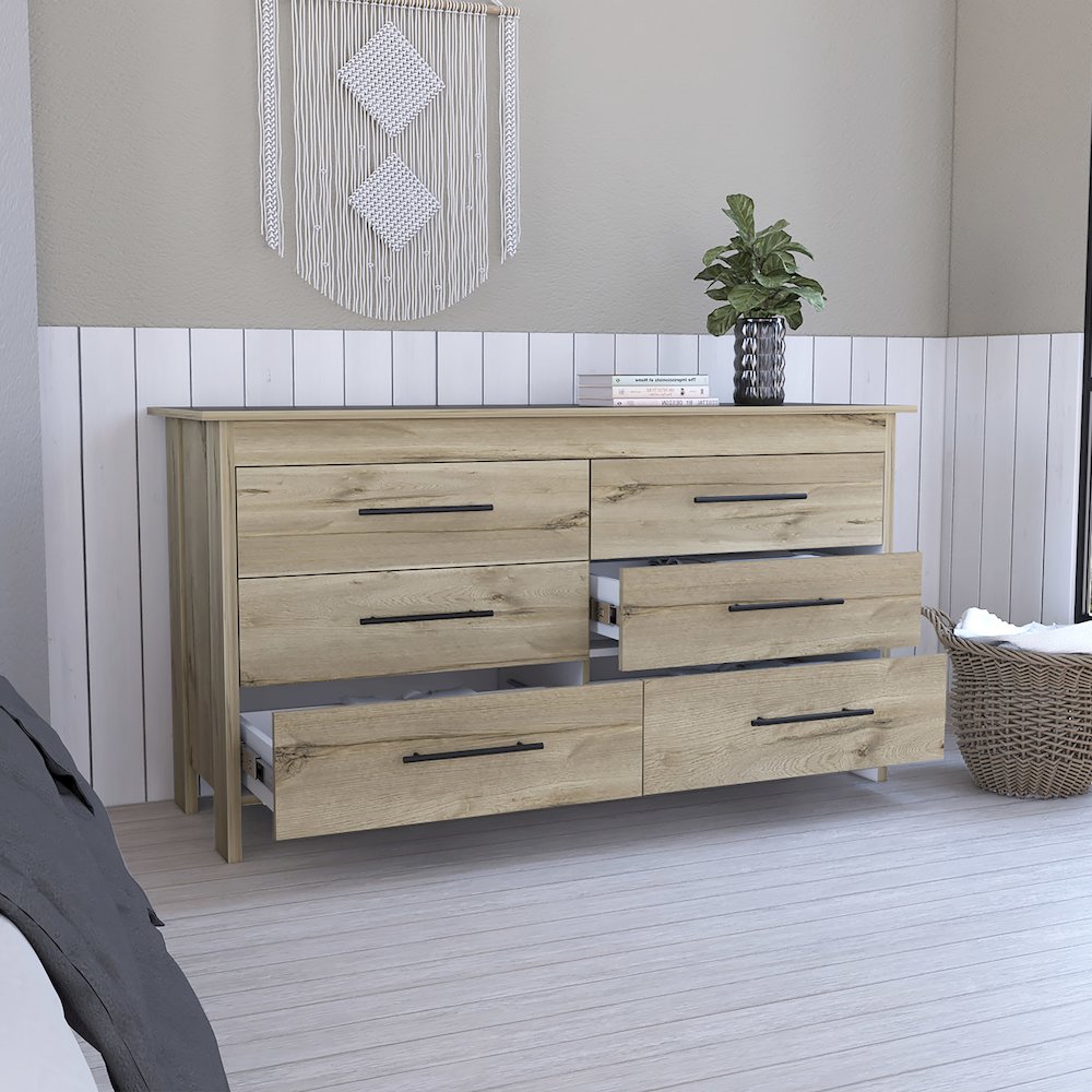 6-Drawer Rectangle Dresser Light Oak and White