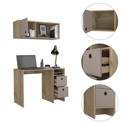 2-Shelf 3-Drawer 2-Piece Office Set Light Oak and Taupe