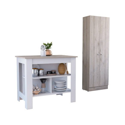 8-Shelf 2-Door 2-piece Kitchen Set, Kitchen Island and Pantry Cabinet White