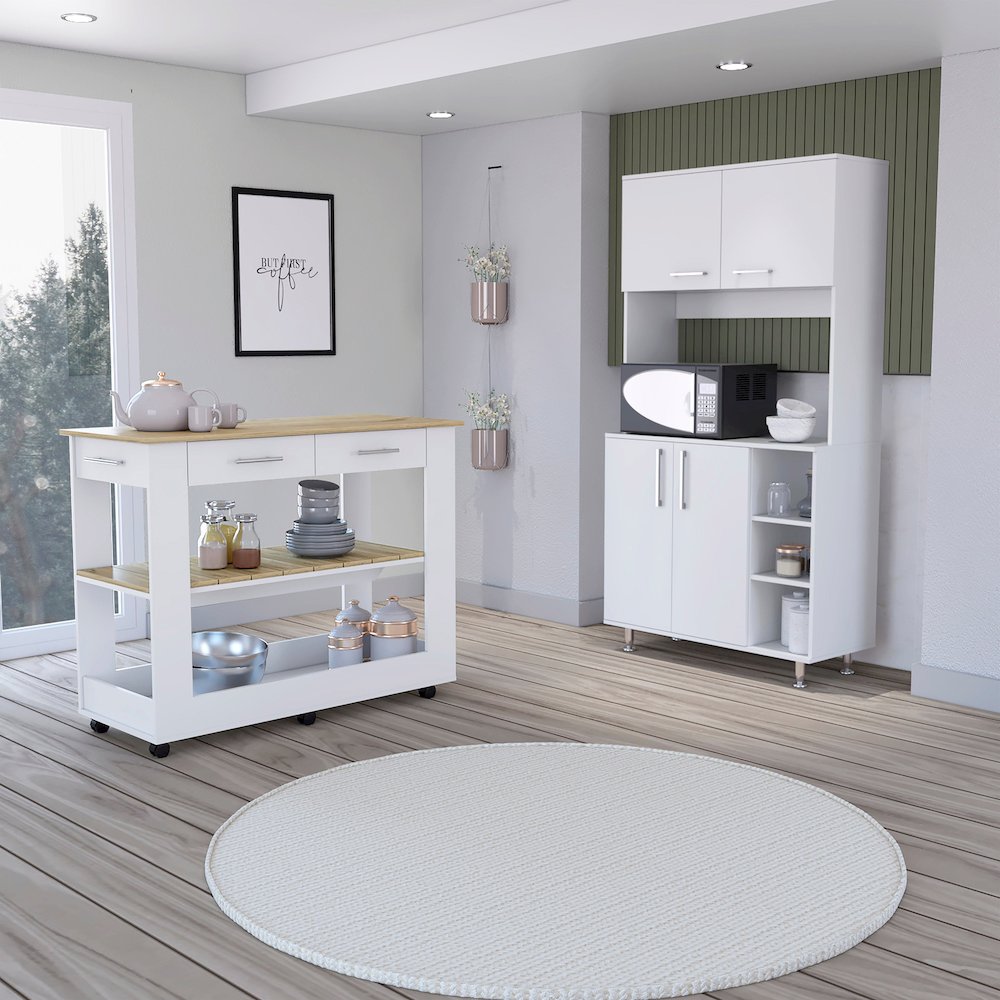 4-Door 2-Drawer 2-piece Kitchen Set, Kitchen Island and Kitchen Pantry White