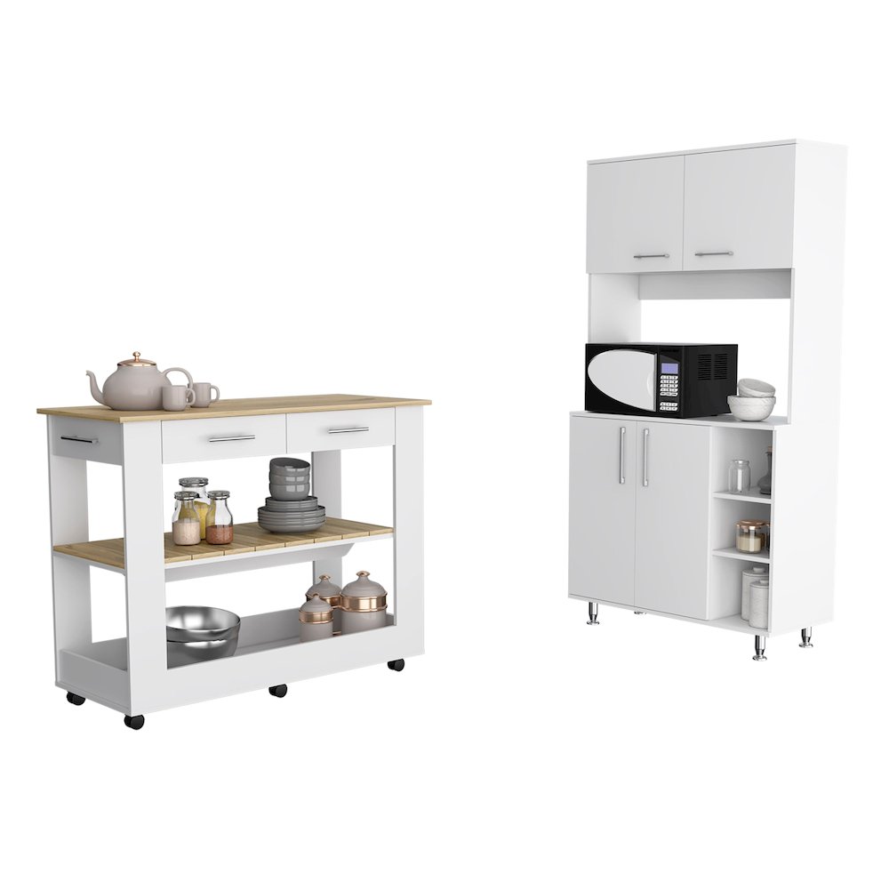4-Door 2-Drawer 2-piece Kitchen Set, Kitchen Island and Kitchen Pantry White