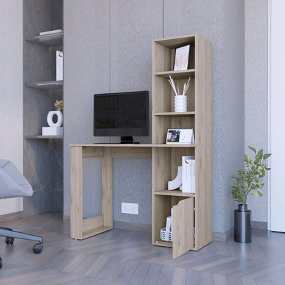 Computer Desk with 4-Tier Bookcase and 1-Door Cabinet Gray