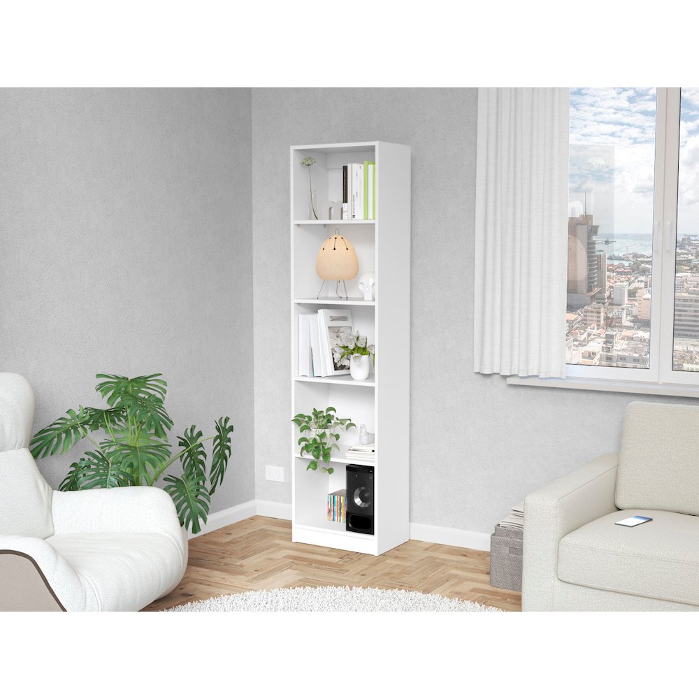 White 5-Shelf Slim Bookcase