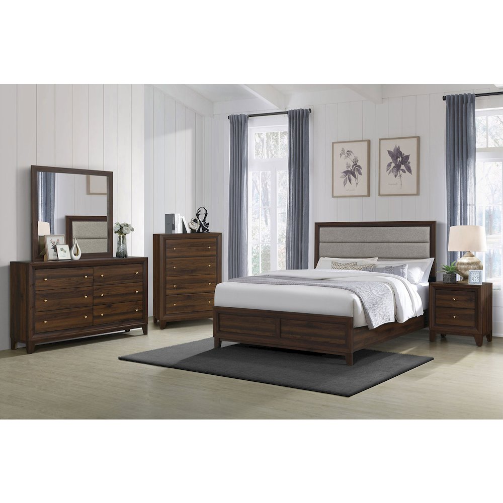 Anza Walnut Upholstered Queen Bed