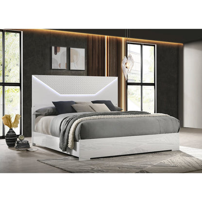 Pierce Queen Panel Bed LED Headboard White High Gloss