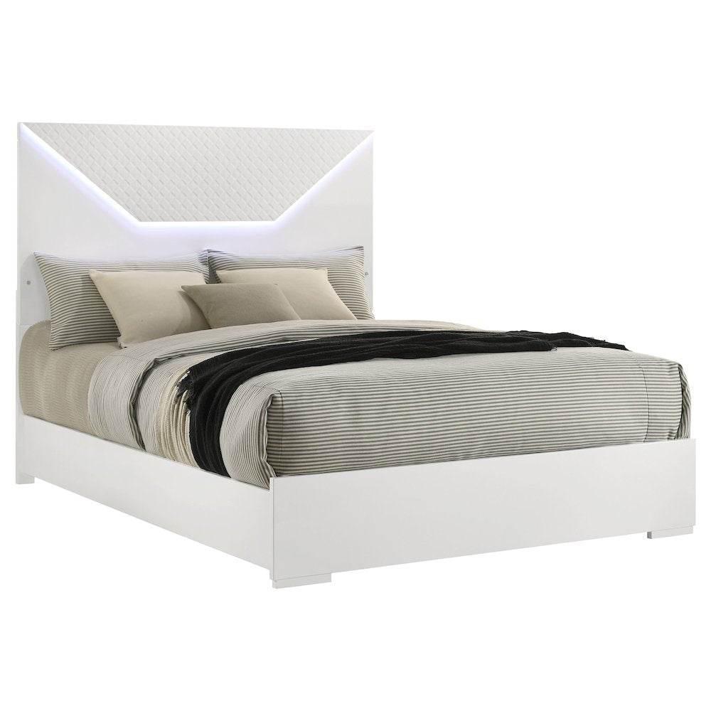 Pierce Queen Panel Bed LED Headboard White High Gloss