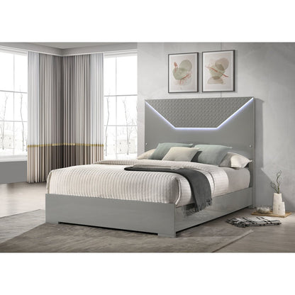 Pierce Grey High Gloss Queen Panel Bed LED Headboard