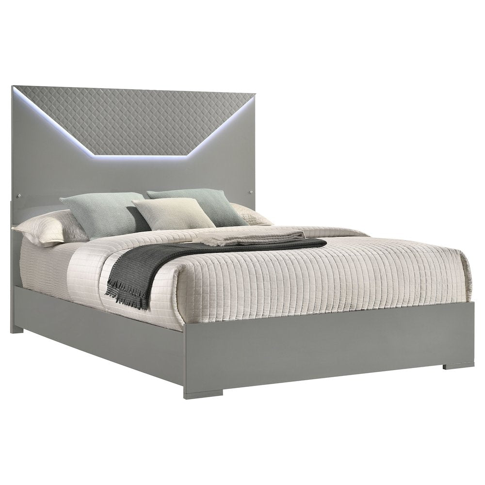 Pierce Grey High Gloss Queen Panel Bed LED Headboard