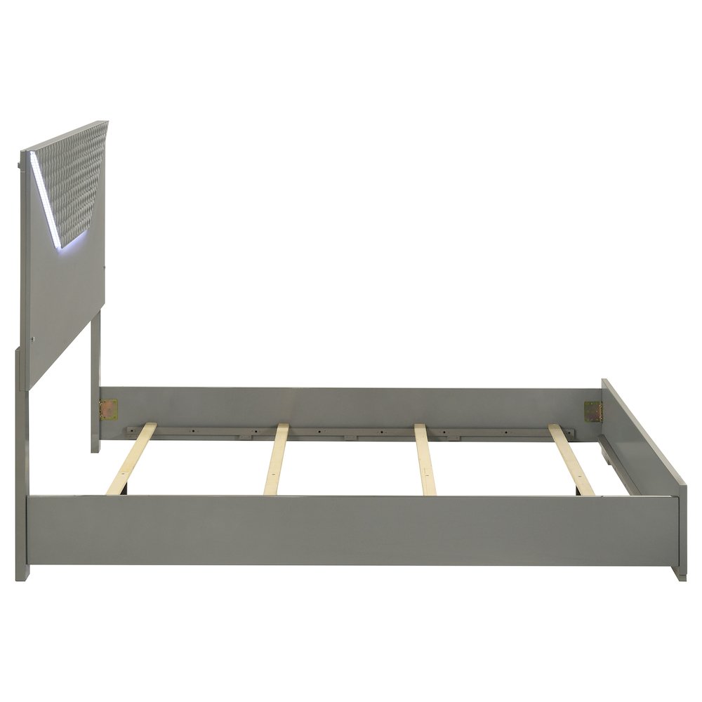 Pierce Grey High Gloss Queen Panel Bed LED Headboard