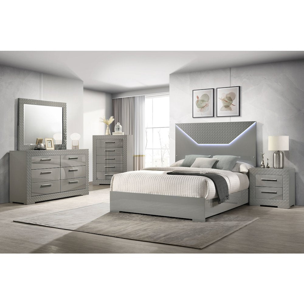 Pierce Grey High Gloss Queen Panel Bed LED Headboard