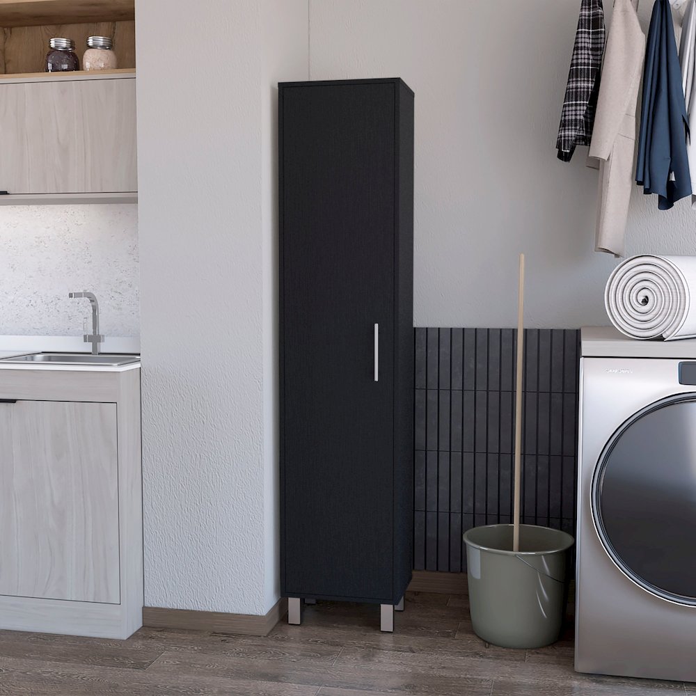 1-Door Cabinet with 3 Broom Hangers Black