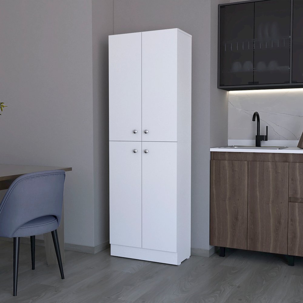 White Pantry Cabinet with 4 Doors and 5 Hidden Shelves