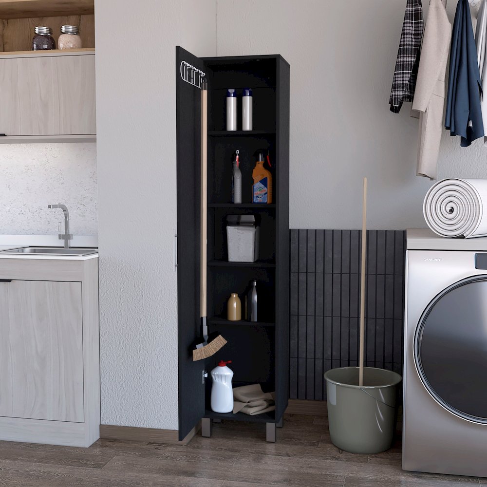 1-Door Cabinet with 3 Broom Hangers Black