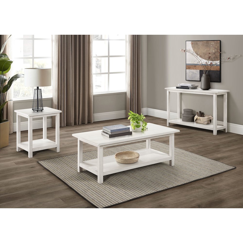 Castleton Distressed White Wood Coffee Table with Shelf