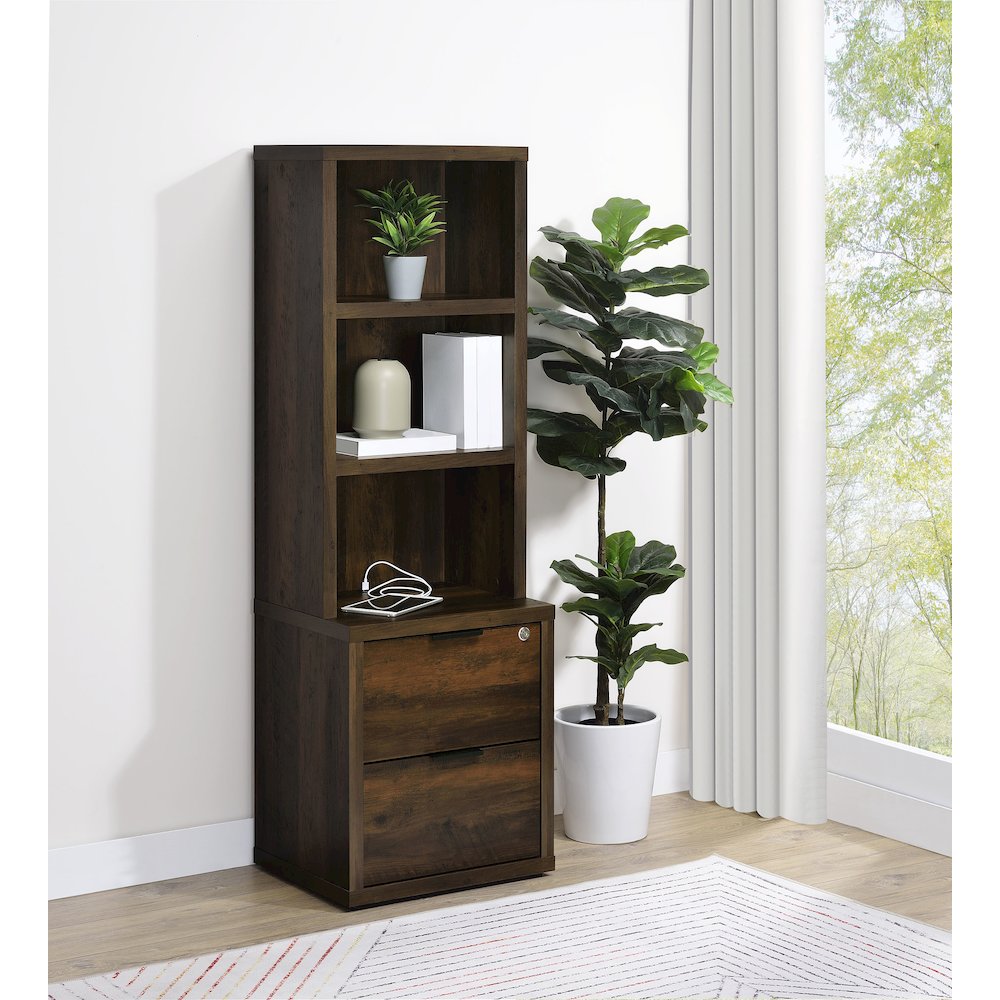 Geary Dark Pine 3-shelf Bookcase USB and Lockable Drawer