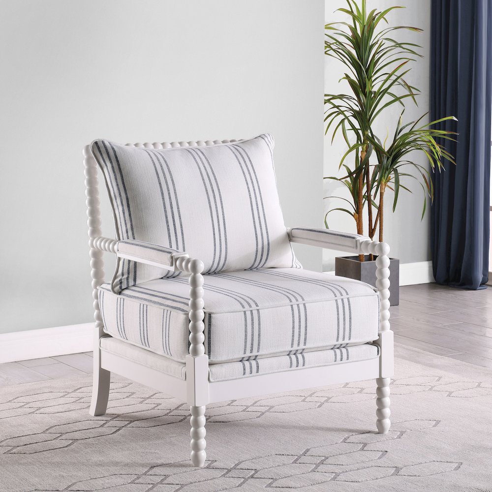 White and Navy Upholstered Stripe Accent Chair