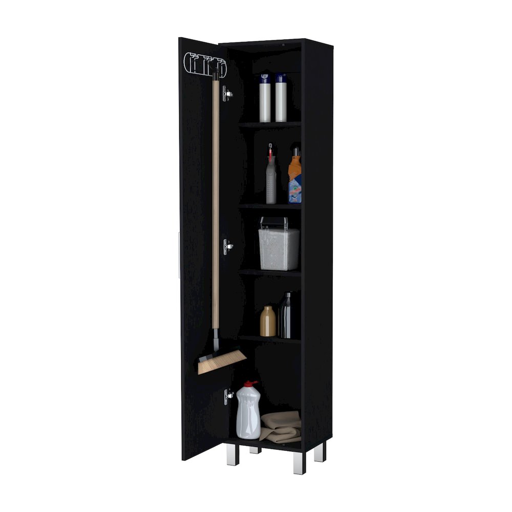 1-Door Cabinet with 3 Broom Hangers Black
