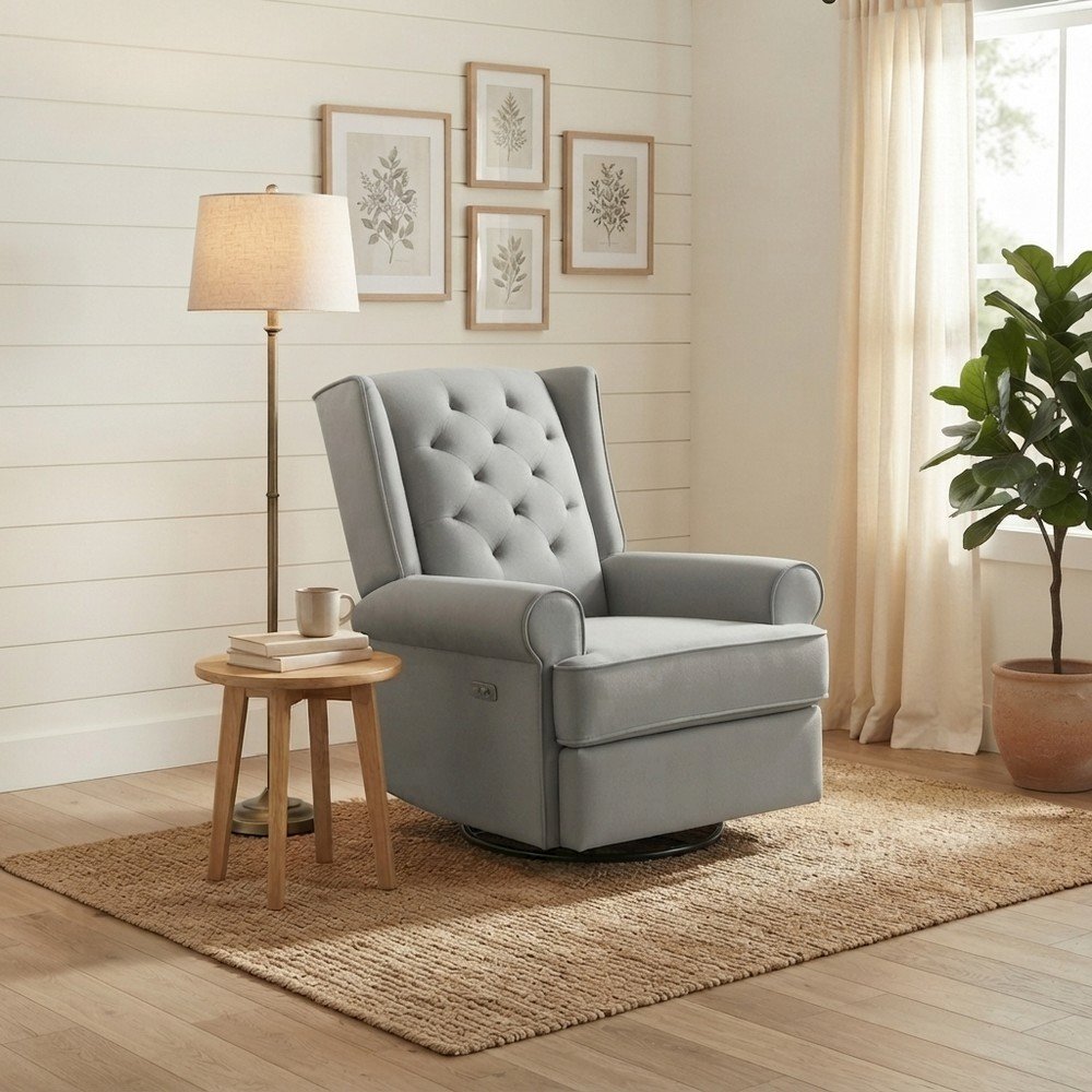 Fabric-Upholstered Traditional Glider Recliner with USB Port, Charcoal