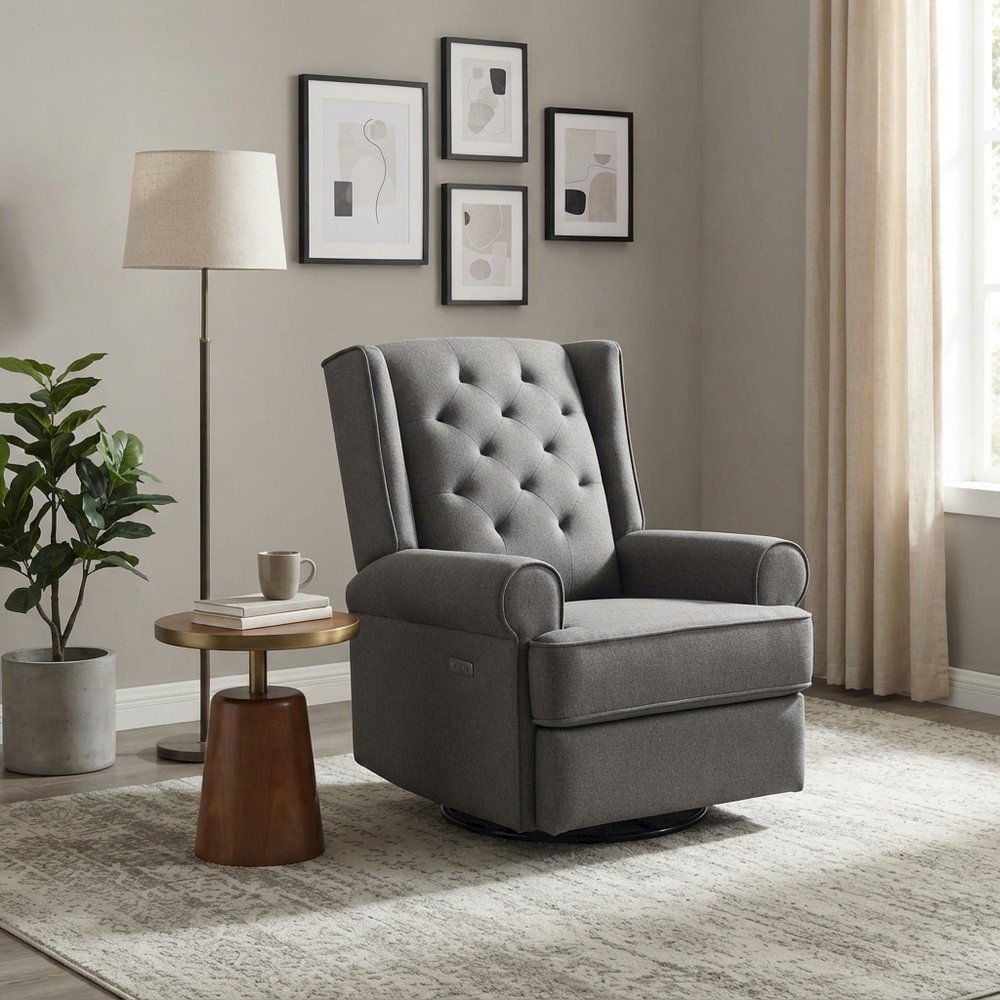 Fabric-Upholstered Traditional Glider Recliner with USB Port, Charcoal