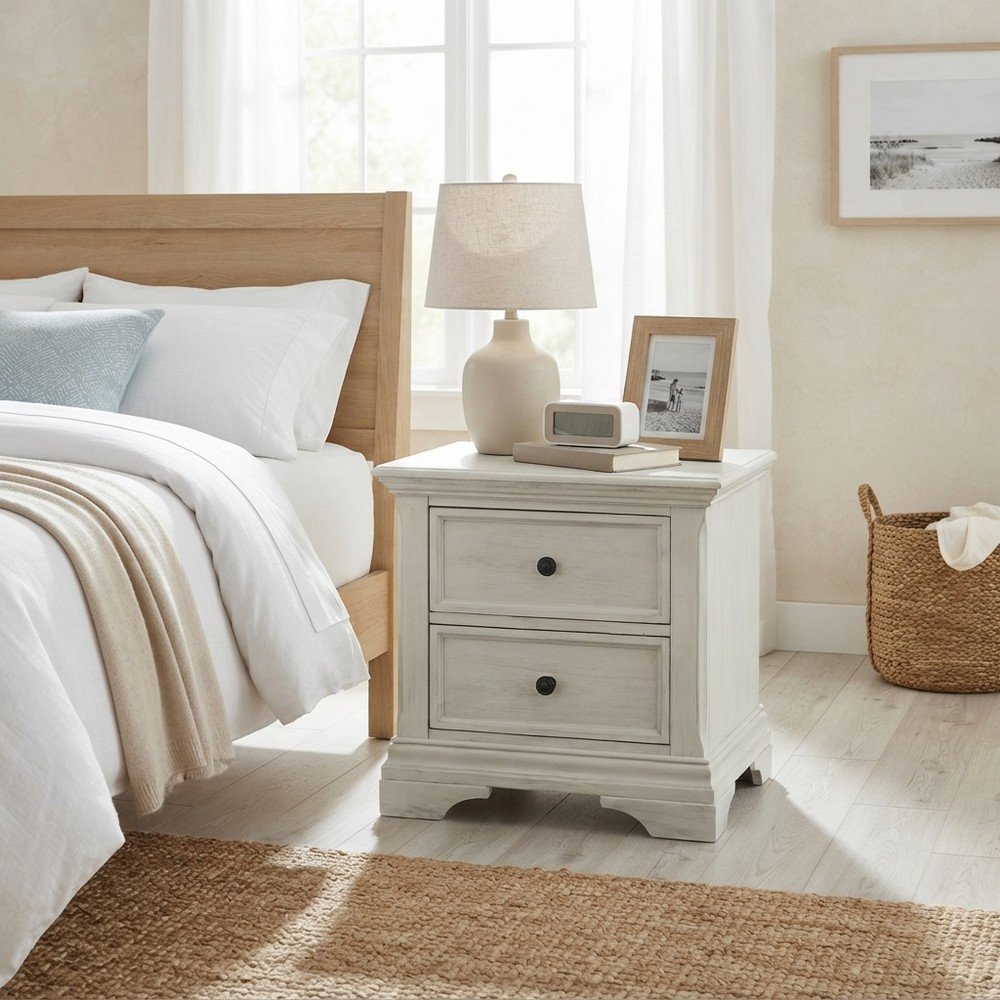 Traditional Wood Nightstand with Drawers for Bedroom Storage with Storage, White