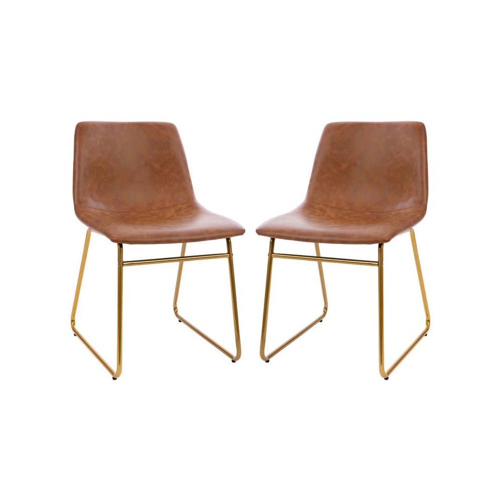 18 inch Dining Table Height Chair, Mid-Back Sled Base Dining Chair in Light Brown LeatherSoft with Gold Frame, Set of 2
