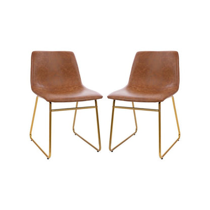 18 inch Dining Table Height Chair, Mid-Back Sled Base Dining Chair in Light Brown LeatherSoft with Gold Frame, Set of 2